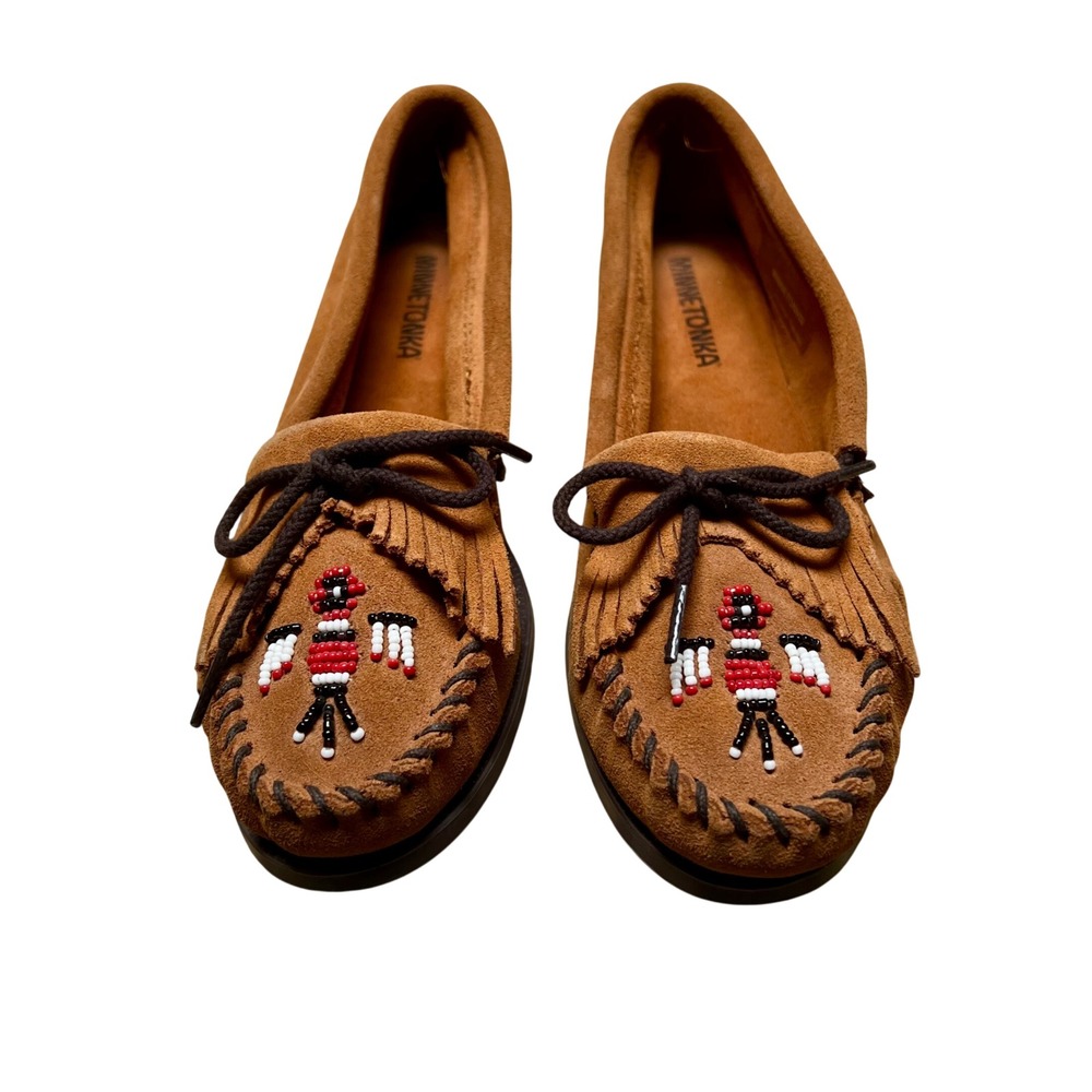 Minnetonka Thunderbird Suede Moccasins Brown Beaded Designer Flats Womens 7 Boho